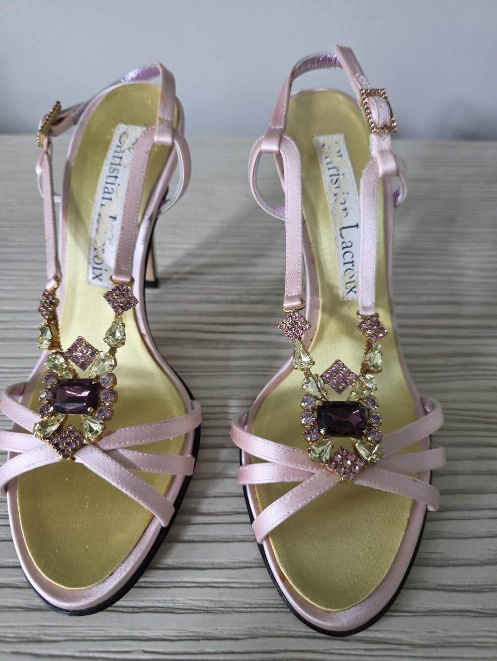Christian Lacroix Pink Jeweled Satin T-Strap Heels